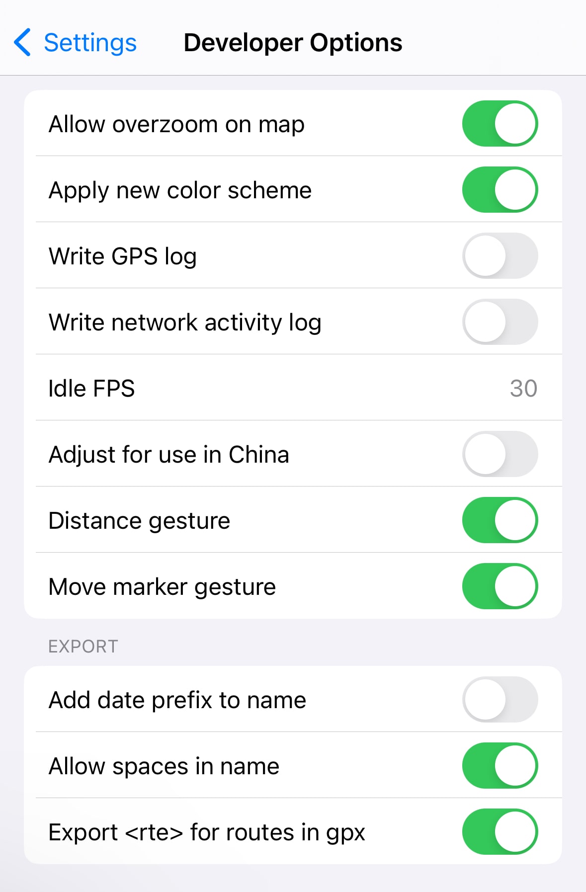 Developer options on iOS