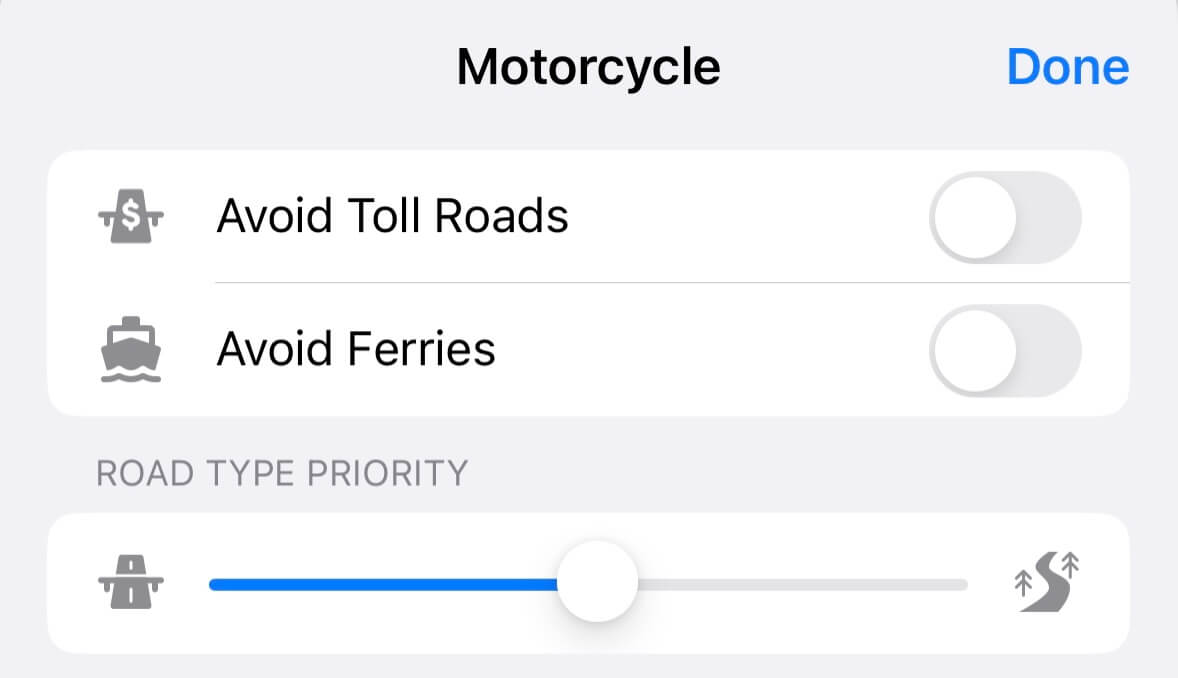 Motorcycle navigation settings in Guru Maps app