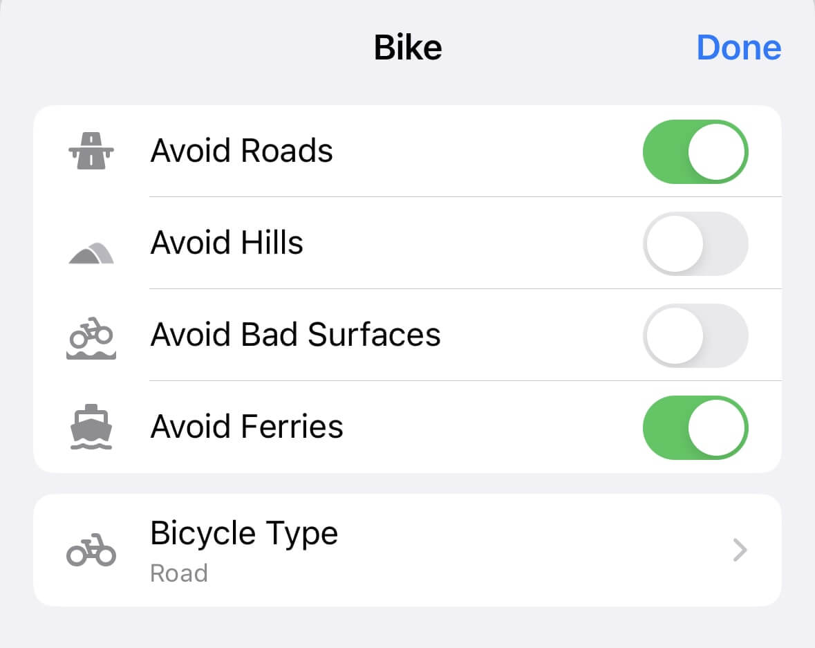 Bicycle route options in Guru Maps app