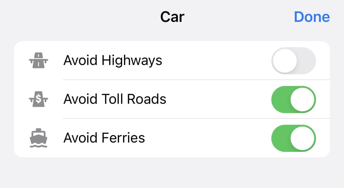 Car route options in Guru Maps app