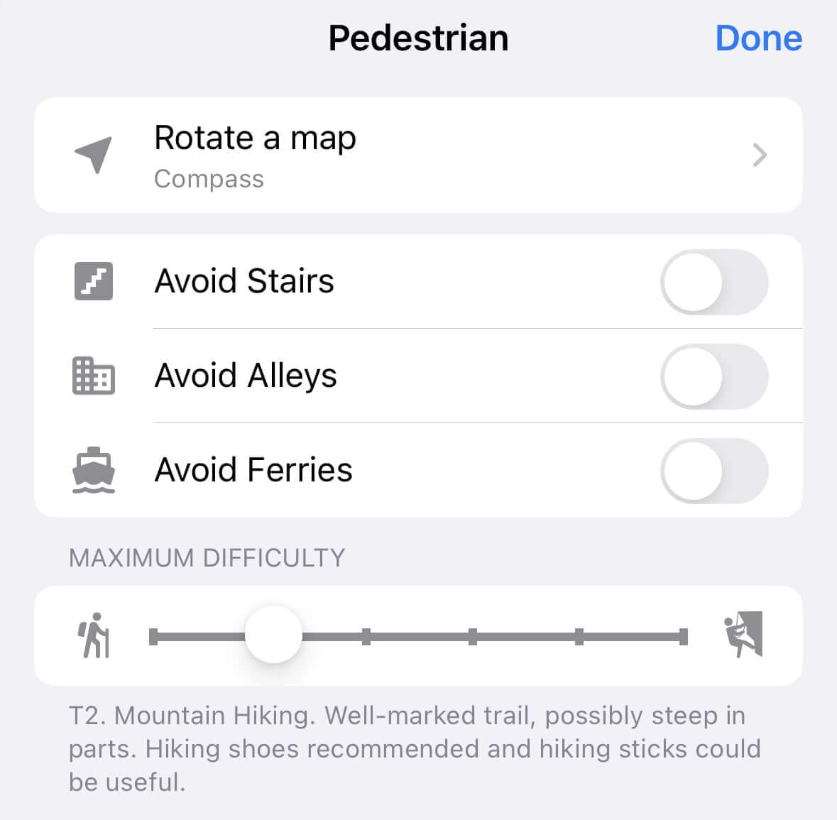 Walking route options in Guru Maps app