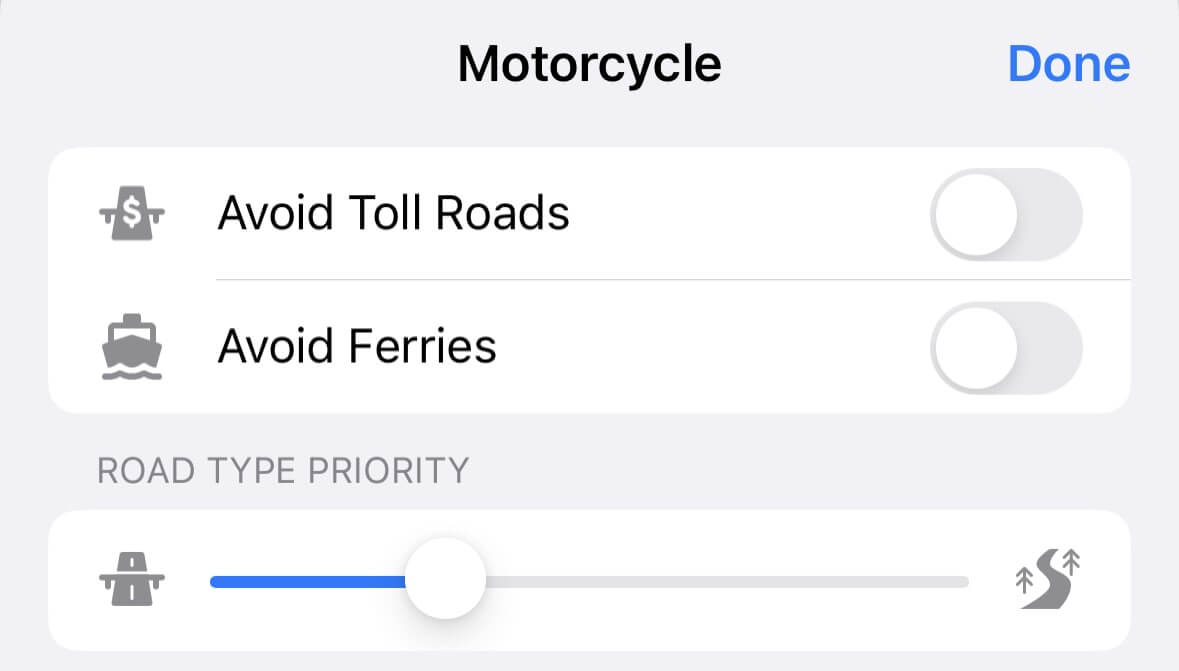Motorcycle route options in Guru Maps app