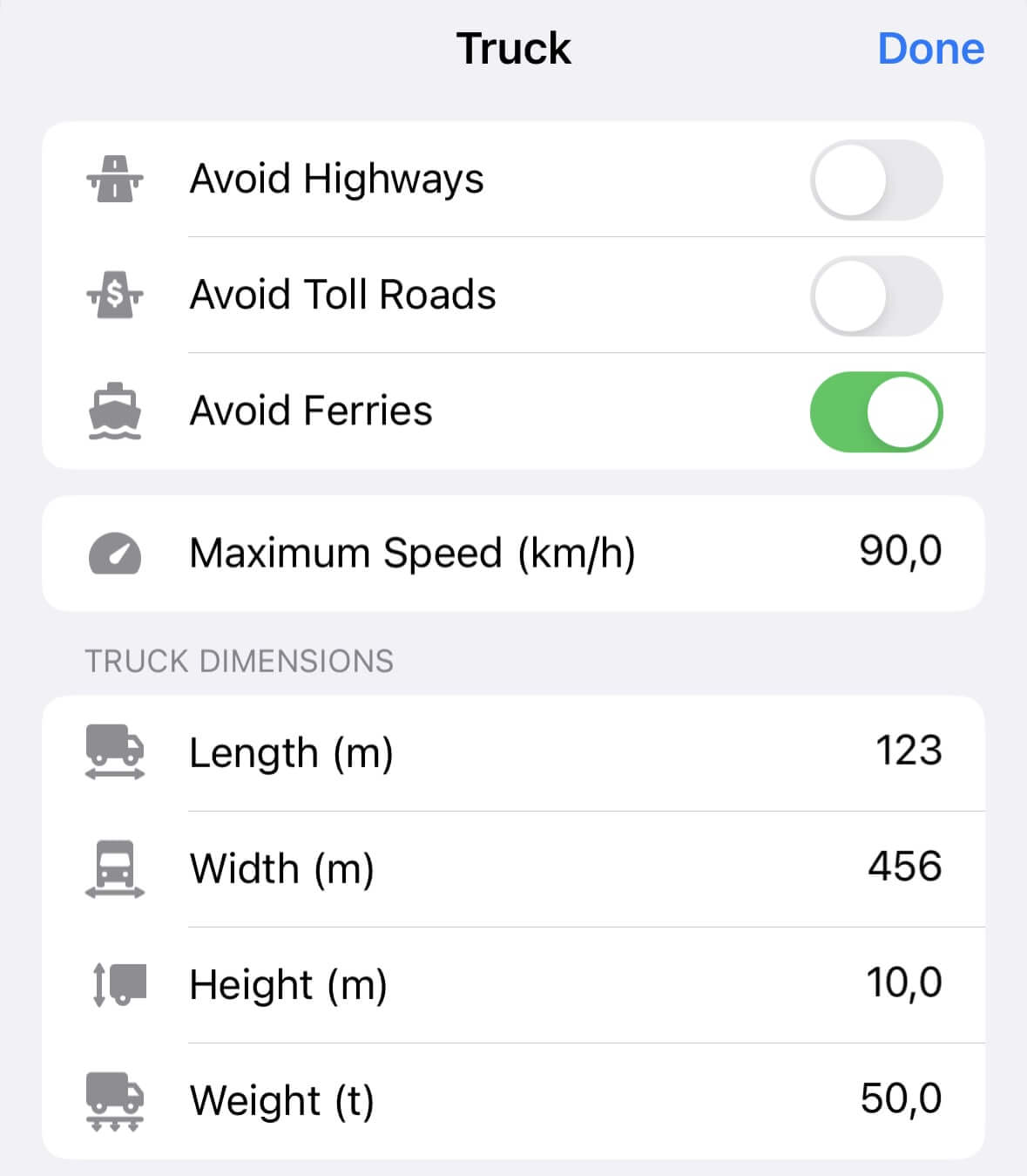 Truck route options in Guru Maps app