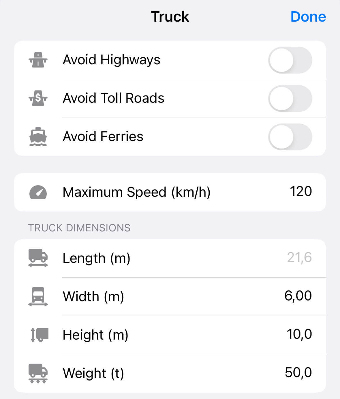 Trucks navigation settings in Guru Maps app