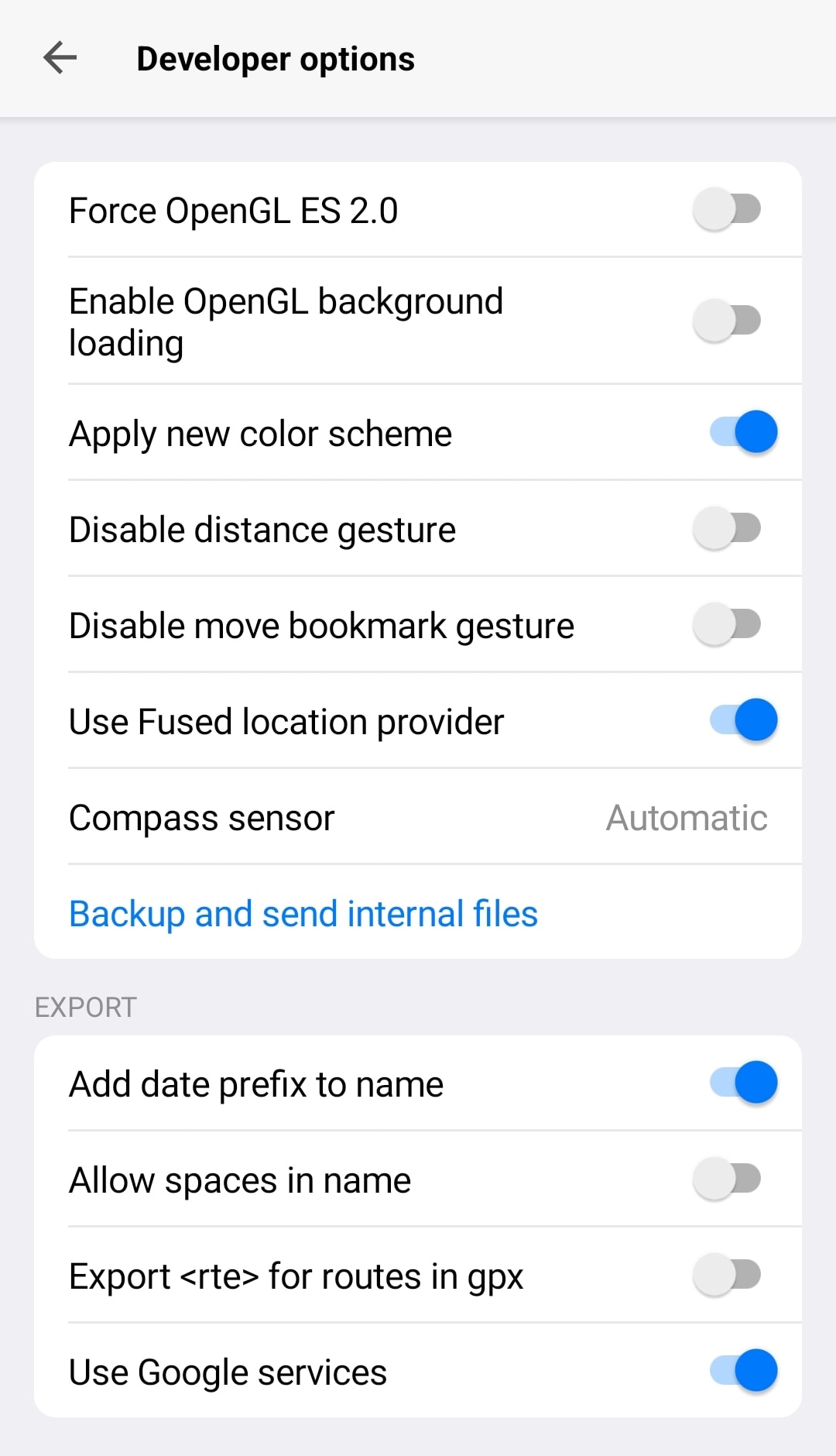 Параметры распрацоўшчыка на Android