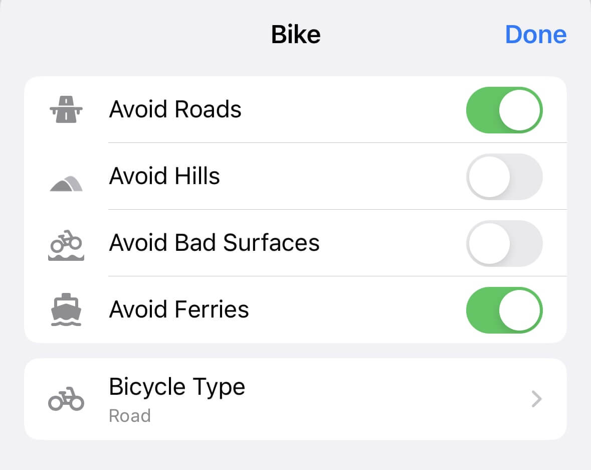 Opciones de itinerario en bicicleta