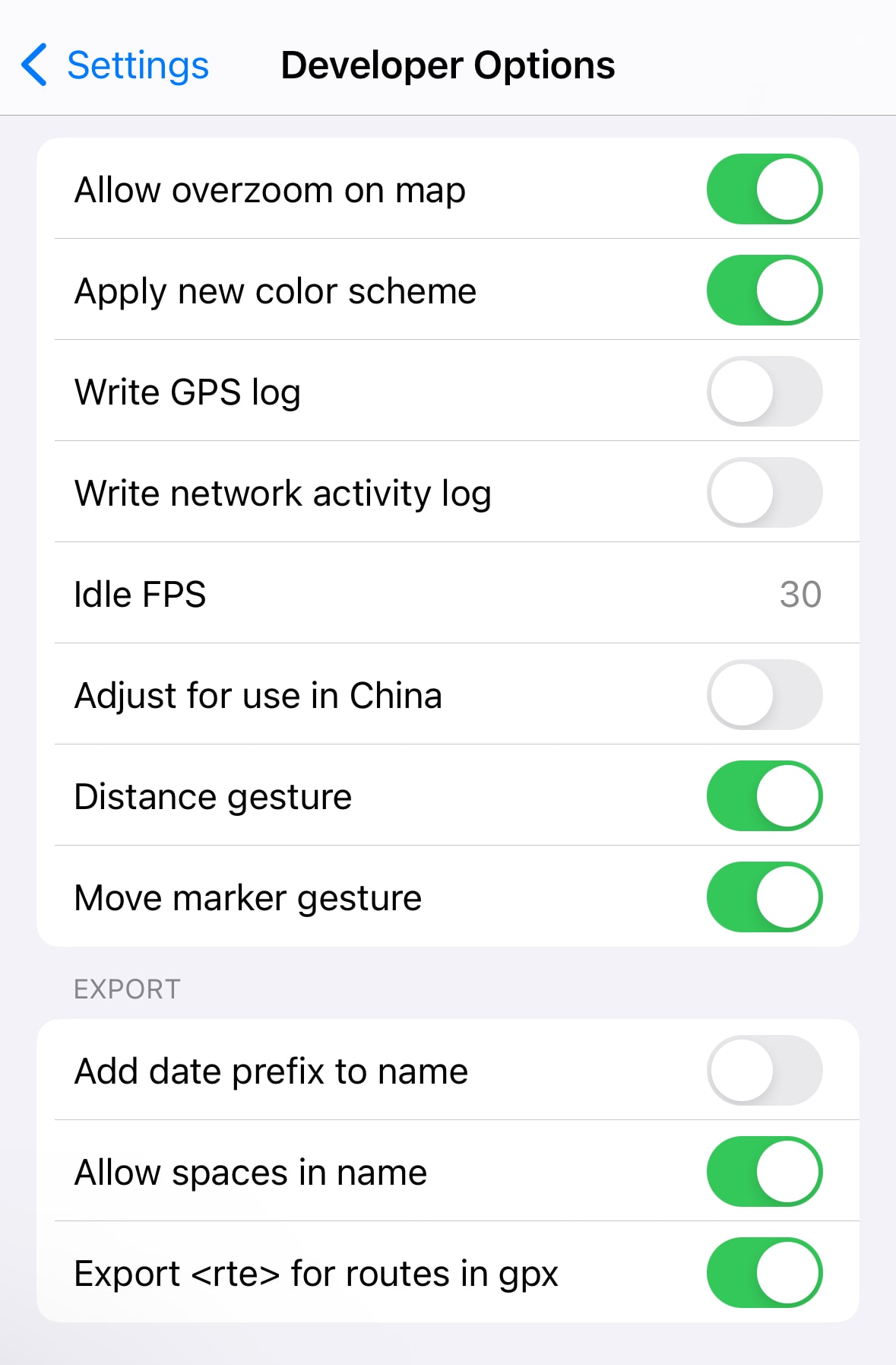 Opções do desenvolvedor no iOS