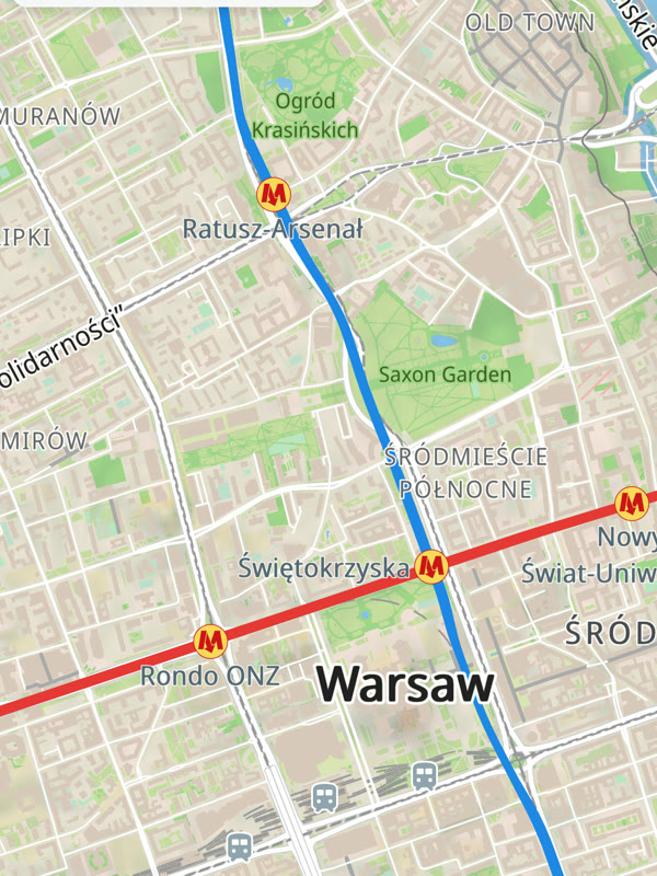 As duas linhas do metrô de Varsóvia se cruzando na Świętokrzyska
